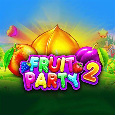 Logo Fruit Party 2 dengan ilustrasi buah-buahan cerah (stroberi, anggur, persik) di latar belakang hijau terang, menggambarkan tema slot yang ceria dan fruity.